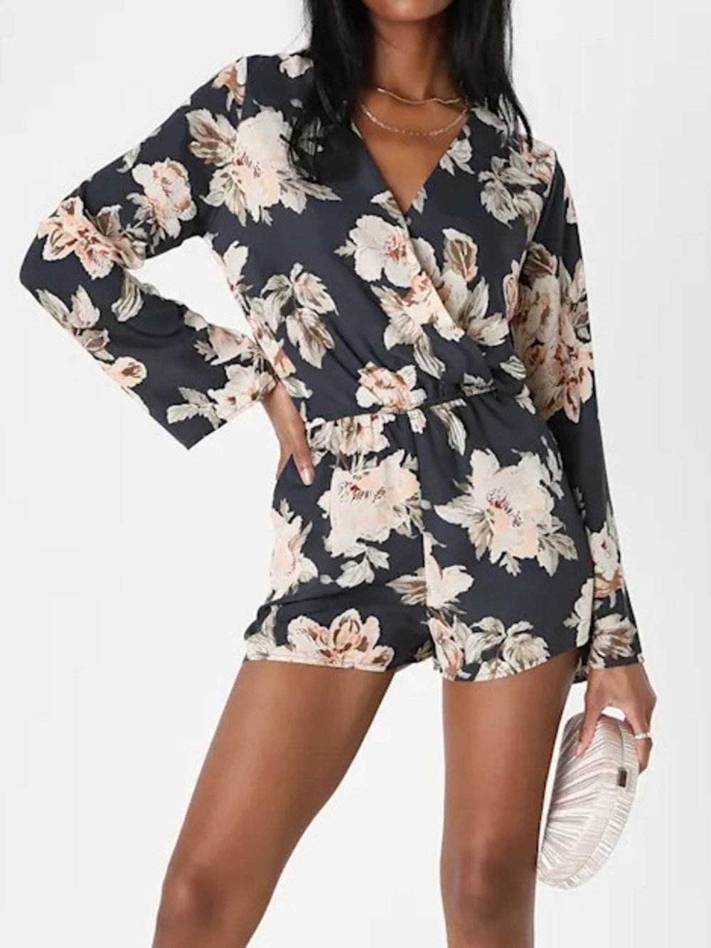 NWT Lulus Prairie Daydream Washed Navy Blue Floral Print Romper Shorts Dress S